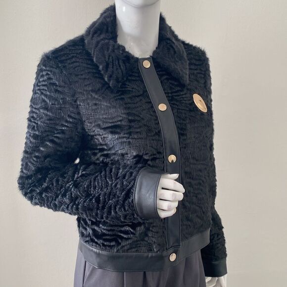 STAUD Buddha Black Faux Fur Jacket Vegan Leather Trim & an Oversized Gold Button - Picture 2 of 9